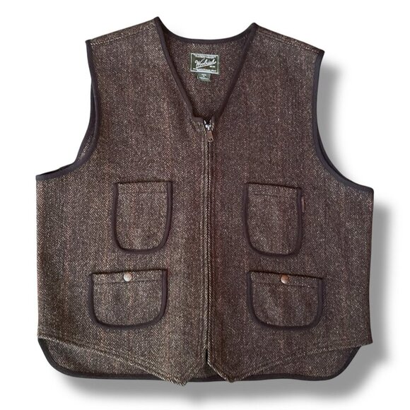 Woolrich Mens Wool Vest Sz XL Brown Herringbone Full Zip Pockets Utlity Workwear - Picture 1 of 4